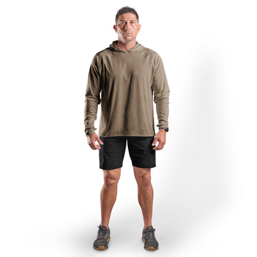 Far away front view of the TRU-SPEC 24/7 Sun Hoodie in FDE, UPF 50+ long-sleeve tactical hoodie with thumb holes and hood